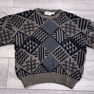 Vintage Mister Man Sweater Mens XL Leather Patch Korea Geometric Pattern Brown